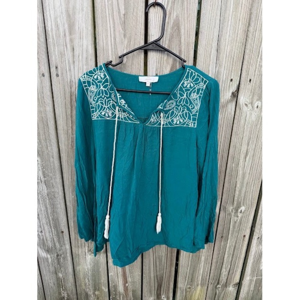 Boho Peasant Embroidered Entro Blouse M Teal Tassel Tie Long Sleeve Top T3623